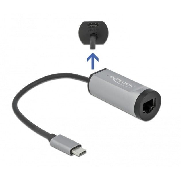 DeLOCK USB 3.2 Gen 1 Adapter, USB-C Stecker > RJ-45 Buchse + USB-C Buchse (grau, 15,5cm, Gigabit LAN, PD, Laden mit bis zu 60 Watt)