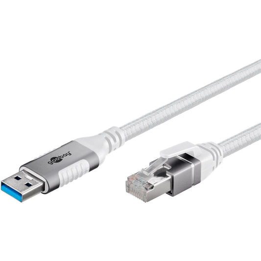 Goobay Ethernet-Kabel USB-A 3.2 Gen1 Stecker > RJ-45 Stecker (weiss, 1 Meter, geflochtener Textilmantel)