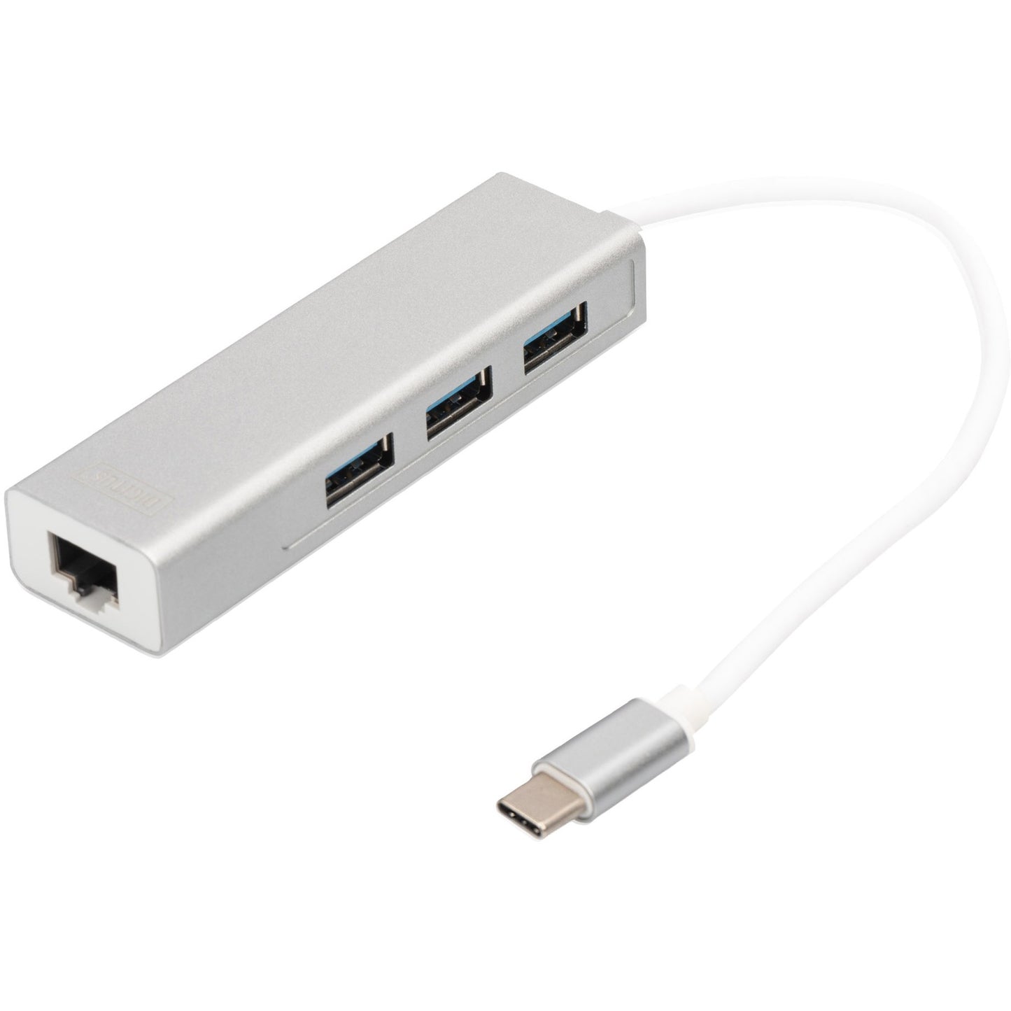 Digitus USB 3.2 Gen 1 Multiport-Hub, USB-C Stecker > 3x USB-A Buchse + RJ-45 Buchse (weiss/silber, 20cm, Gigabit LAN)