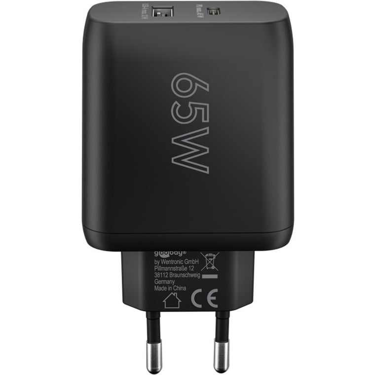 Goobay USB-C Dual-Schnellladegerät, PD, GaN, 65 Watt (schwarz, 1x USB-C, 1x USB-A, Power Delivery)