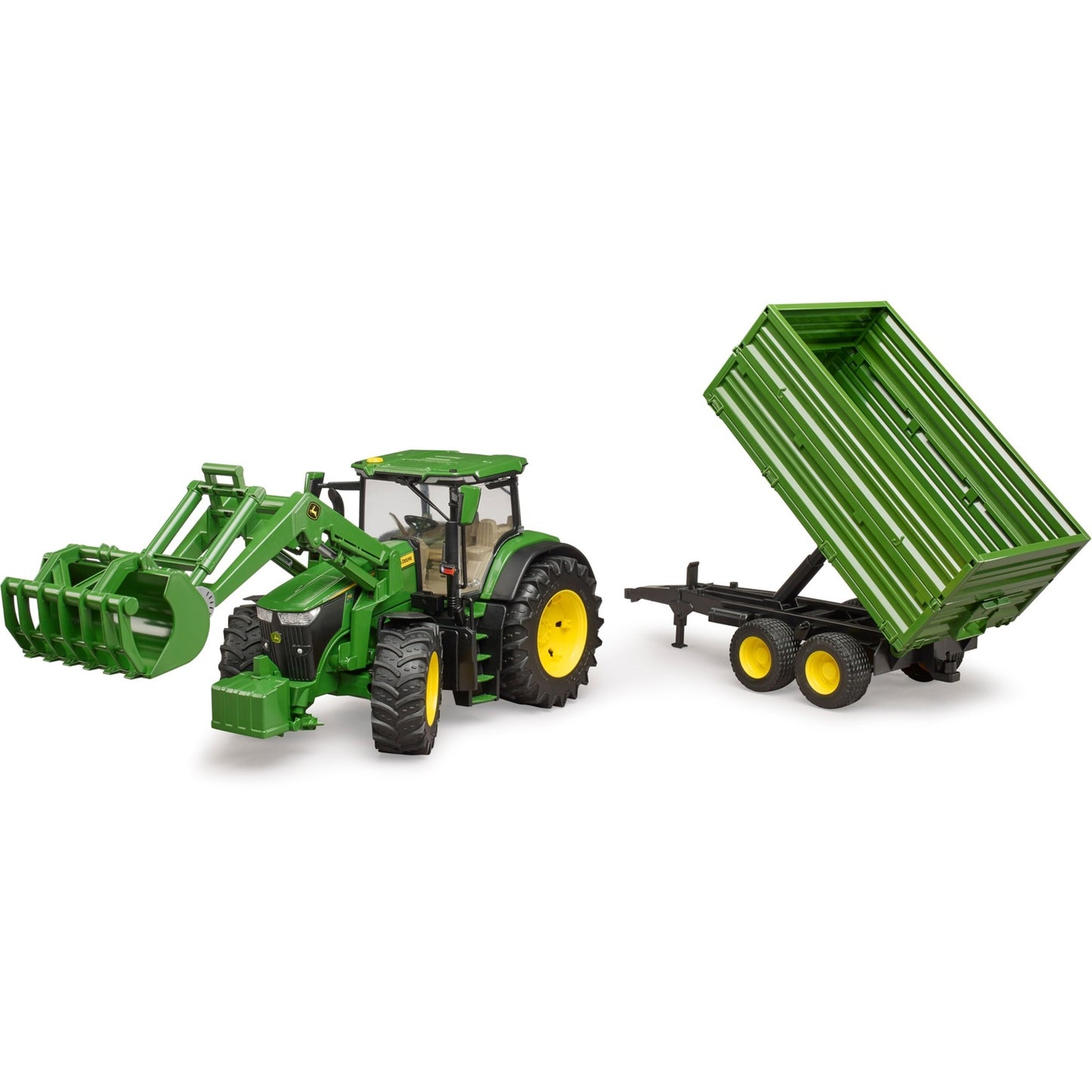 BRUDER John Deere 7R 350 mit Frontlader und Tandemachstransportanhänger (grün)