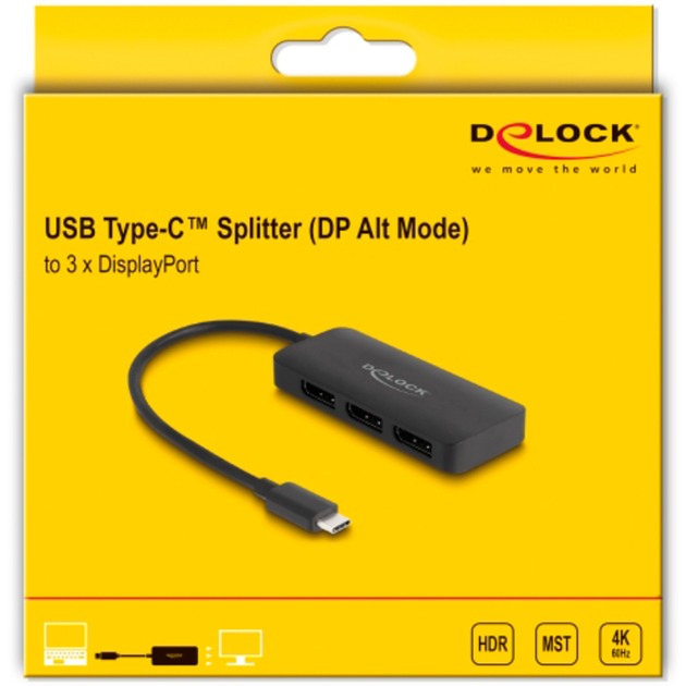 DeLOCK USB-C > 3x DisplayPort Splitter MST 4K 60Hz (schwarz, 15cm)