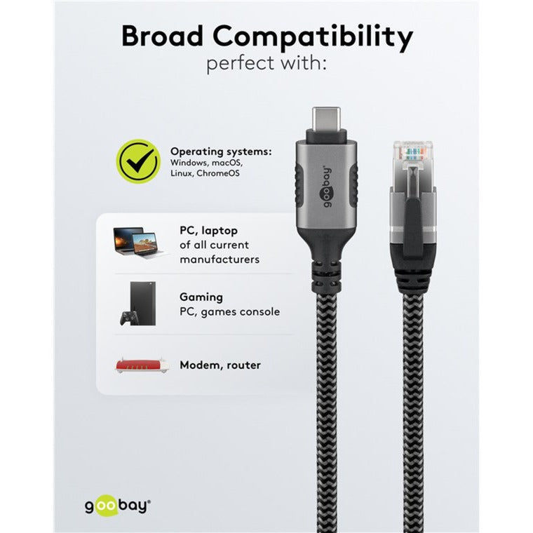 Goobay Ethernet-Kabel USB-C 3.2 Gen1 Stecker > RJ-45 Stecker (schwarz/silber, 1 Meter)