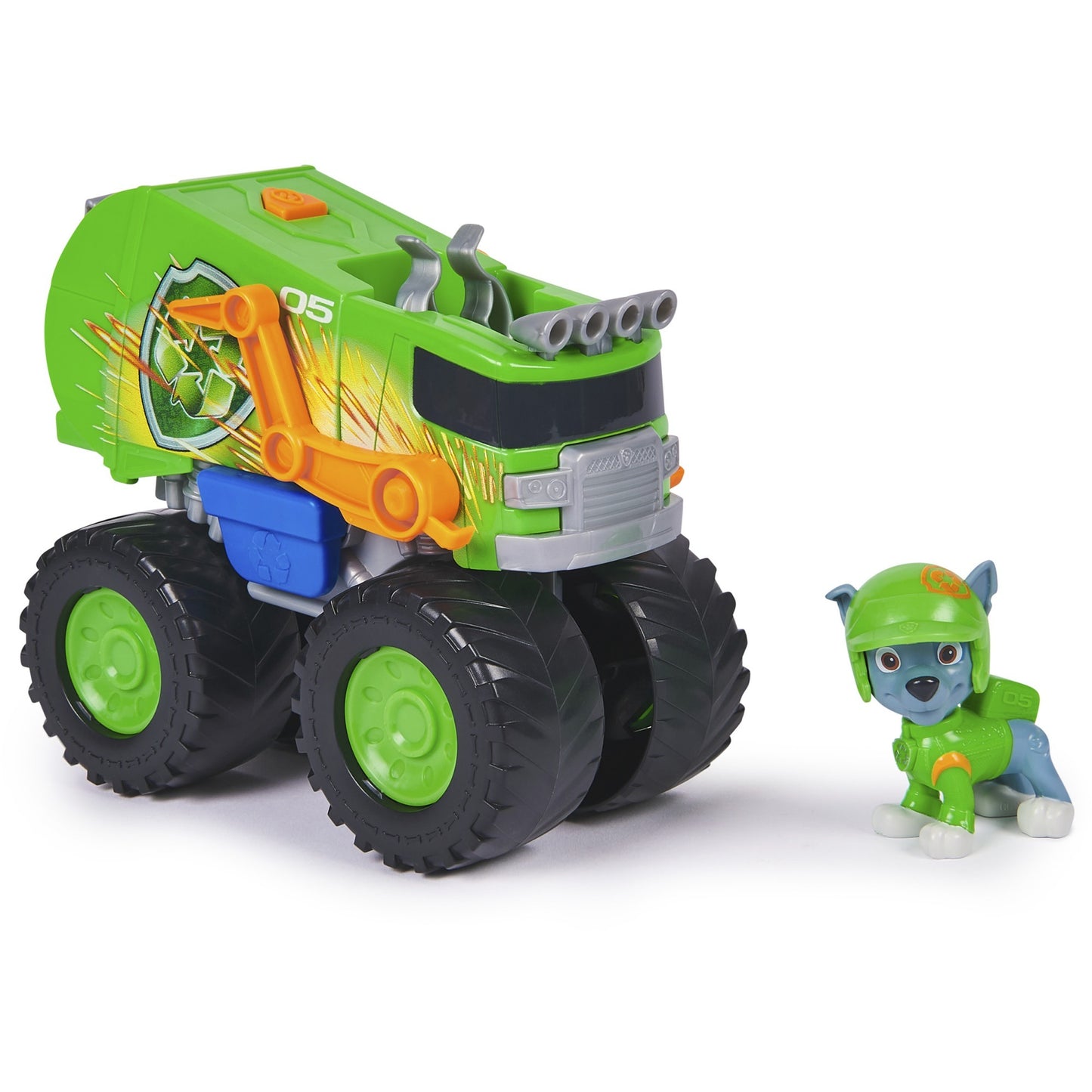Paw Patrol Rescue Wheels -  Rockys Recycling Monstertruck mit Geschoss-Abwurf und Rocky Hundefigur, Spielfahrzeug