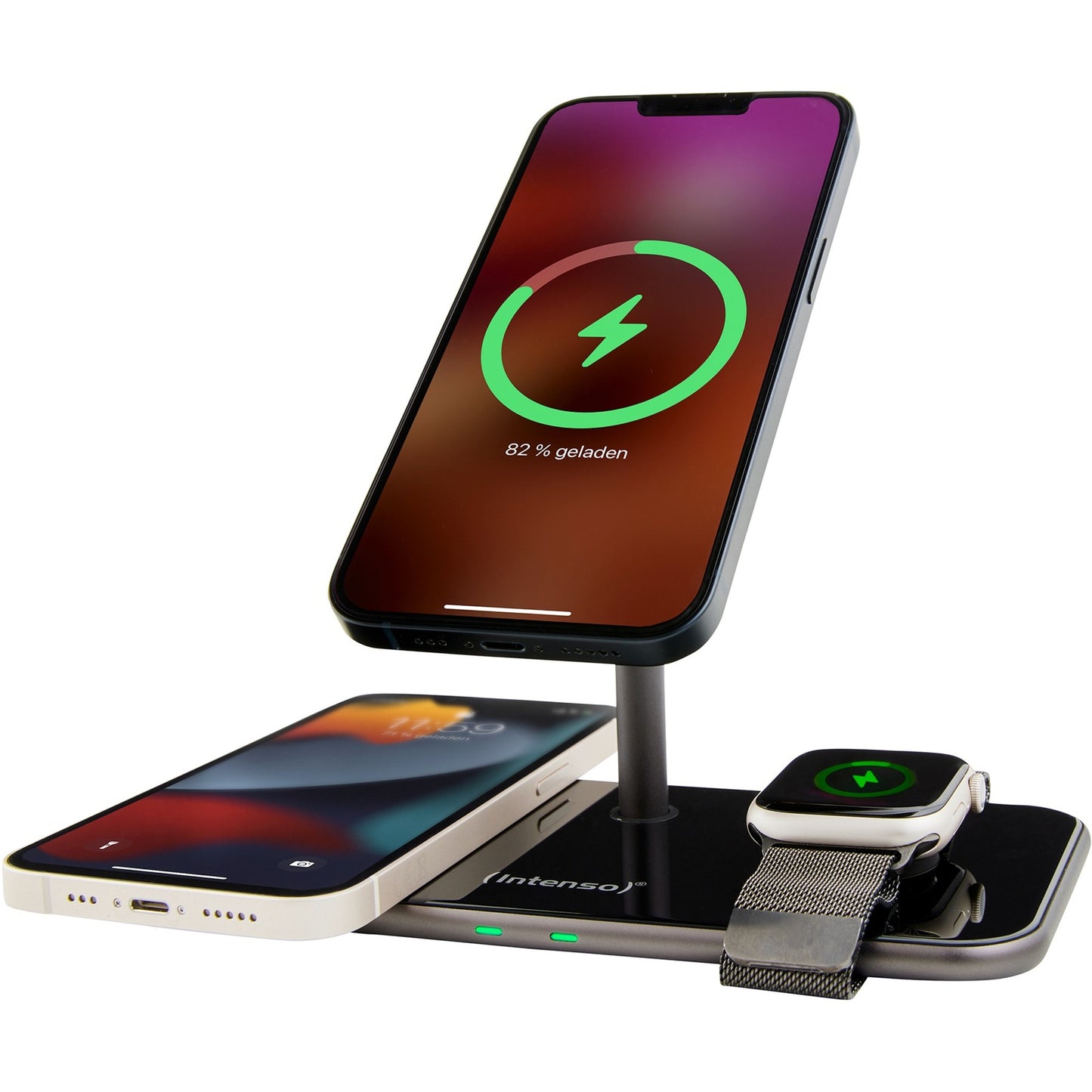 Intenso 3in1 Magnetic Wireless Charging Stand MB13 (schwarz, für iPhones mit MagSafe, TWS und Watch, PD3.0, Quick Charge 3.0)