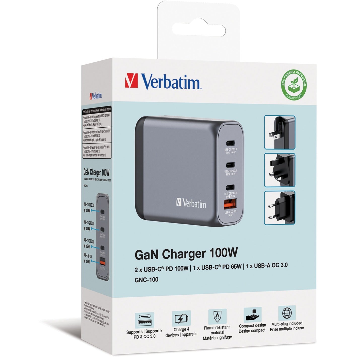 Verbatim GaN-Ladegerät 100W, 1x USB-A , 3x USB-C (grau, PD 3.0, QC 3.0)