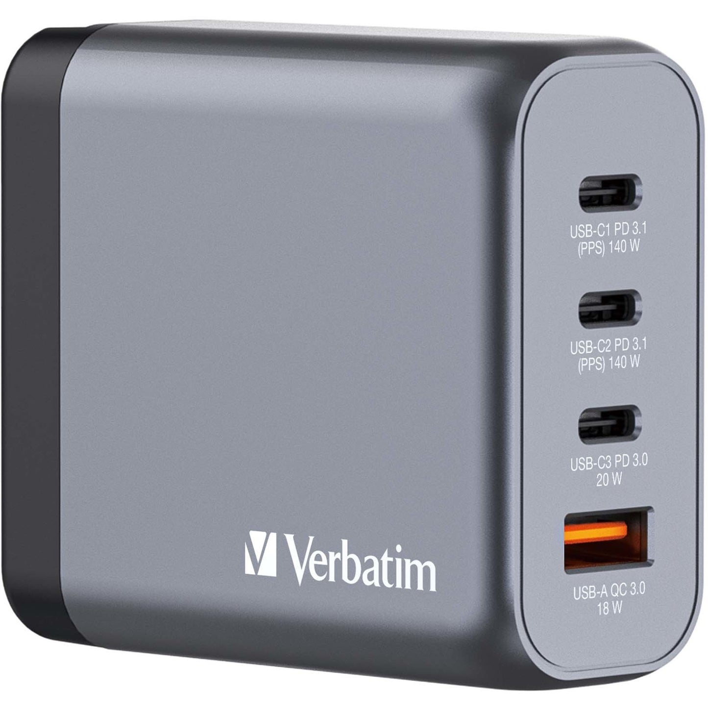 Verbatim GaN-Ladegerät 140W, 1x USB-A , 3x USB-C (grau, PD 3.1, PD 3.0, QC 3.0)