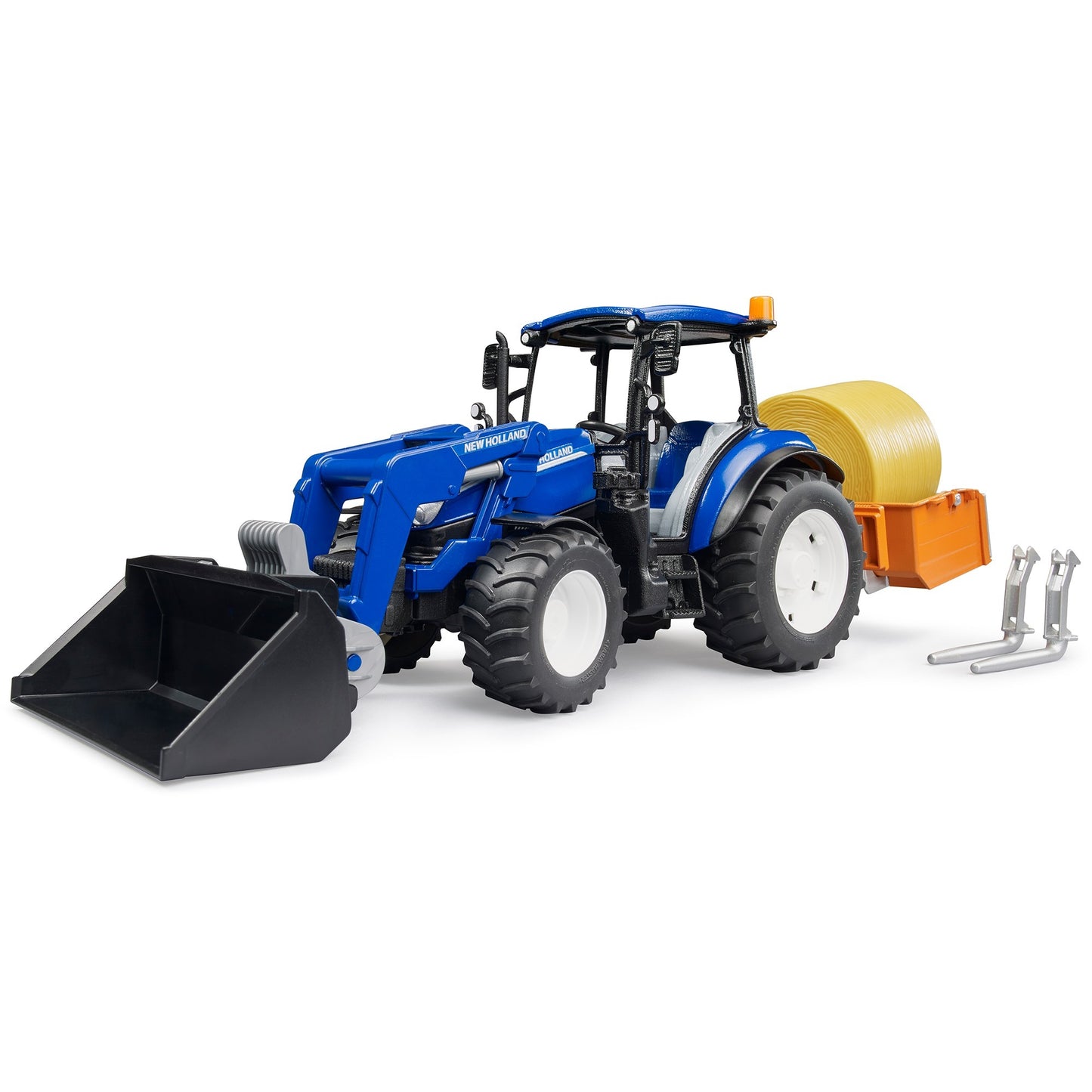 BRUDER New Holland T5.120 mit Frontlader, Ladekasten, Gabeln und Rundballen, Modellfahrzeug