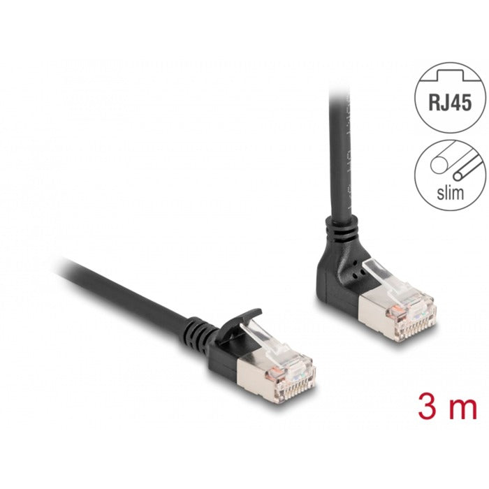 DeLOCK Patchkabel RJ-45 Cat.6a S/FTP, Slim 90° gewinkelt (schwarz, 3 Meter, 1x gerader, 1x unten abgewinkelter Stecker)