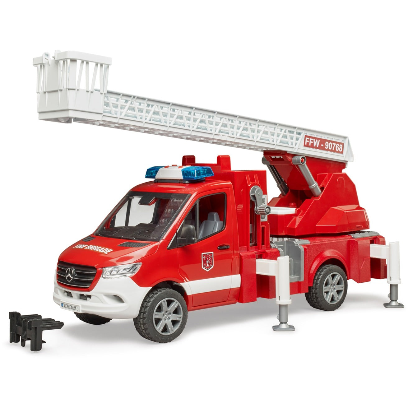 BRUDER MB Sprinter Feuerwehr mit Light & Sound Modul (rot/weiss, Drehleiter, Pumpe)