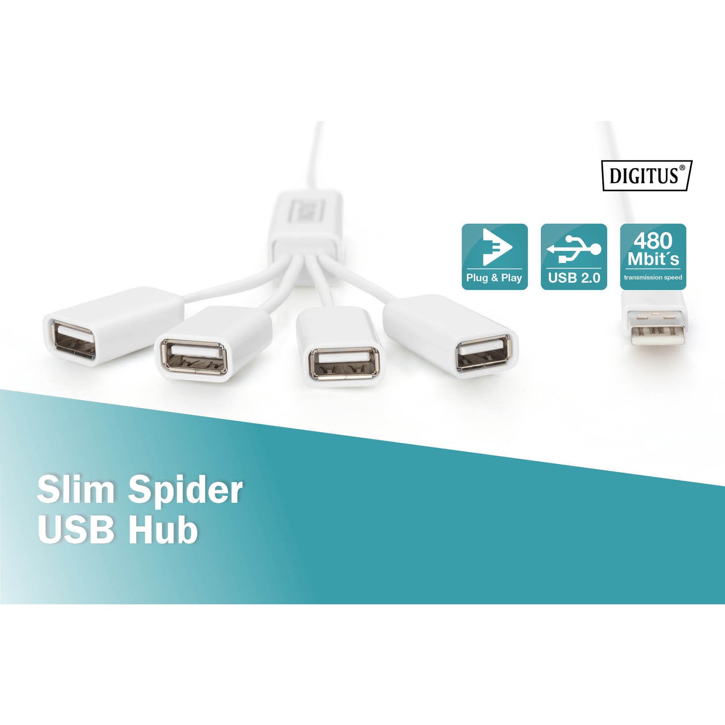 Slim Spider USB-Hub, USB-A 2.0 Stecker > 4x USB-A Buchse