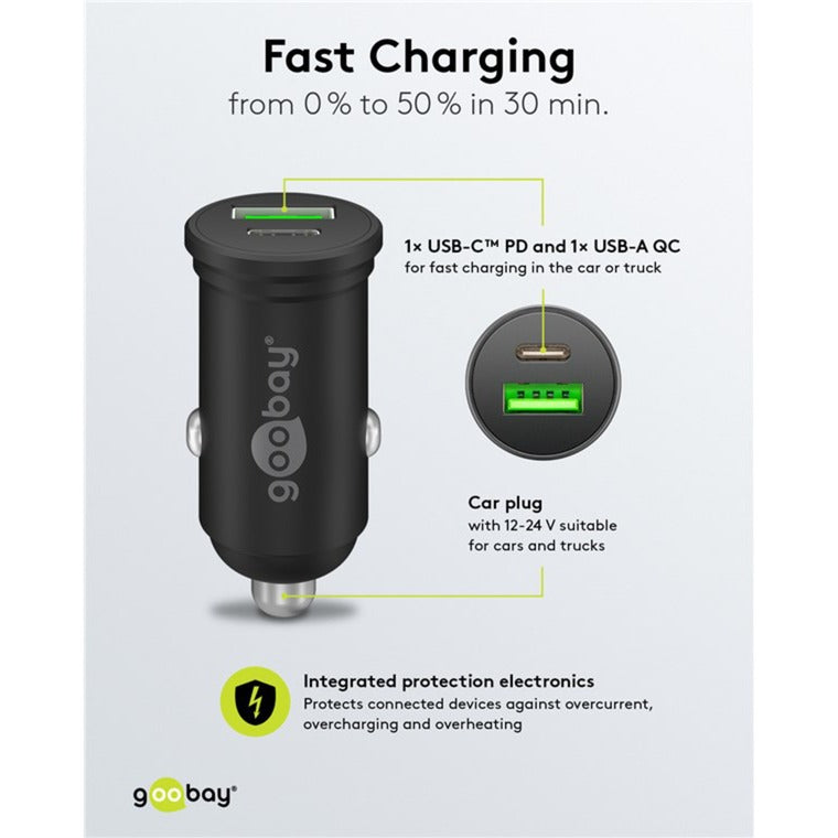 Goobay Dual-USB Auto-Schnellladegerät 45 Watt (schwarz, 1x USB-C, 1x USB-A, Power Delivery, 12 / 24 Volt)