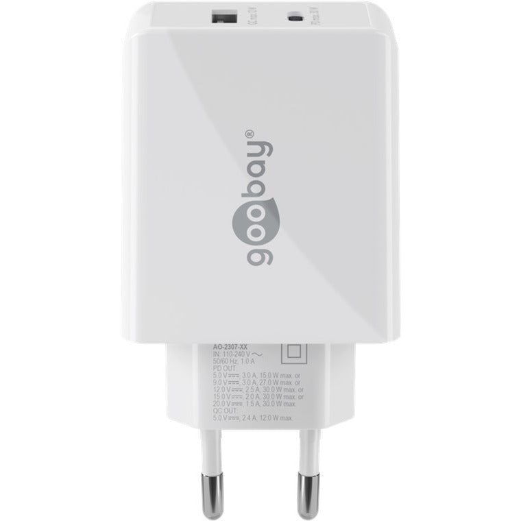 Goobay USB-C PD Dual-Schnellladegerät 30 Watt (weiss, 1x USB-A, 1x USB-C PD)