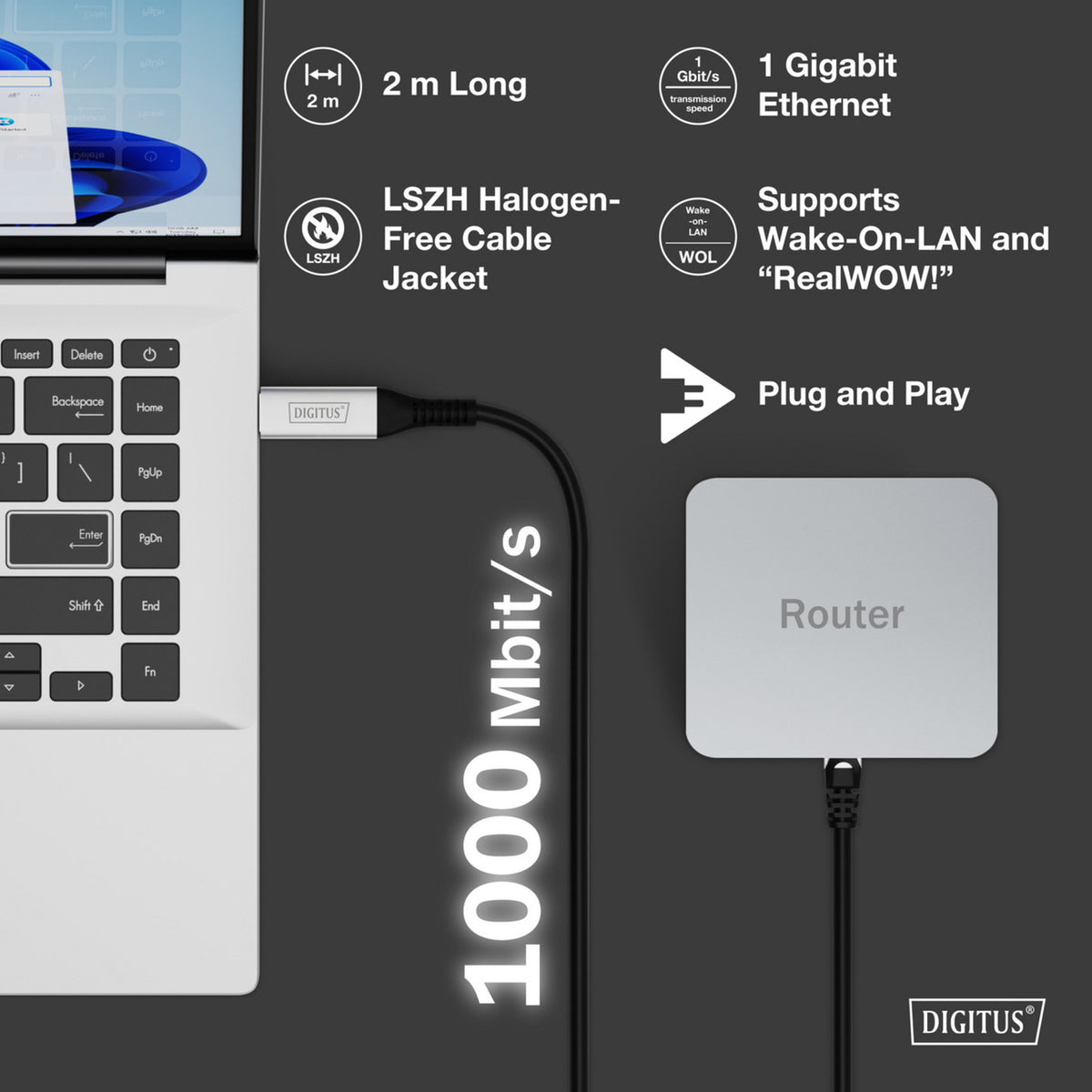 USB-A 3.2 Gen1 > RJ-45 Ethernet Kabel, 1Gbit/s, Adapter