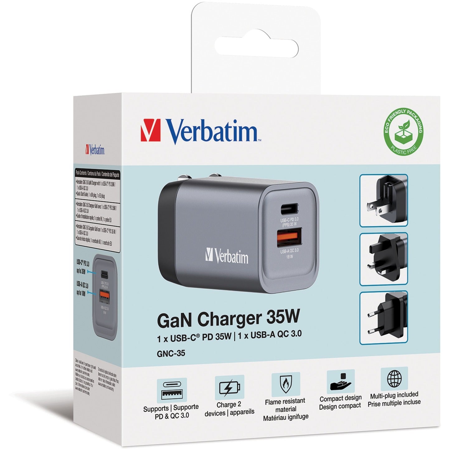 Verbatim GaN-Ladegerät 35W, 1x USB-A , 1x USB-C (grau, PD 3.0, QC 3.0)