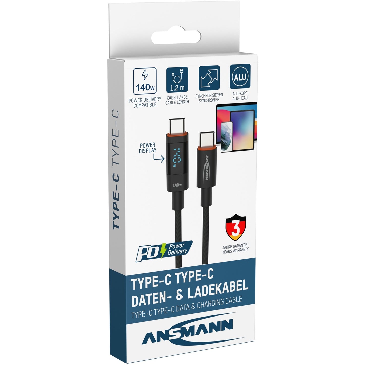 Ansmann USB 2.0 Kabel, USB-C Stecker > USB-C Stecker (anthrazit, 1,2 Meter, PD 3.1, Laden mit bis zu 140 Watt, gesleevt, integriertes LED Display)