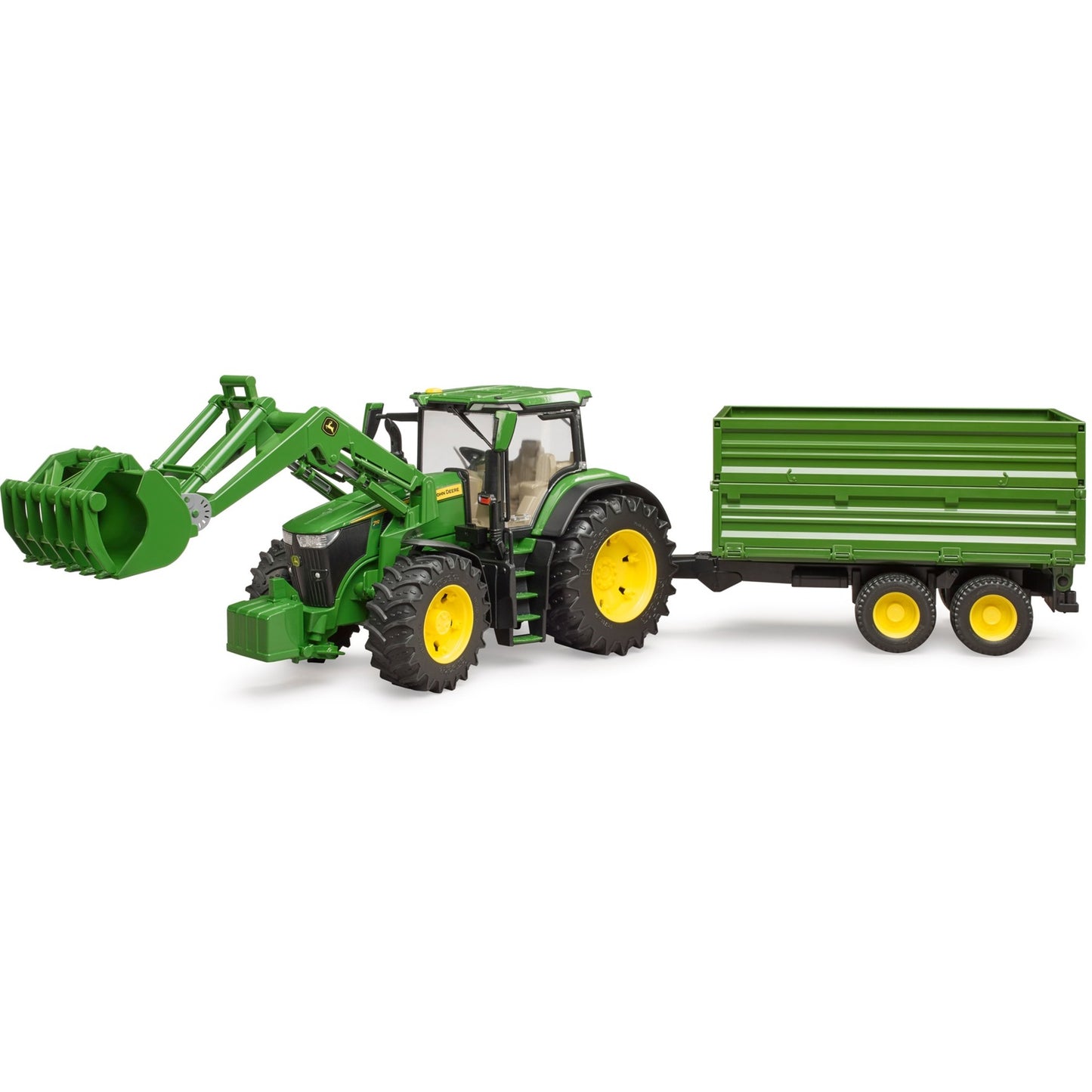 BRUDER John Deere 7R 350 mit Frontlader und Tandemachstransportanhänger (grün)