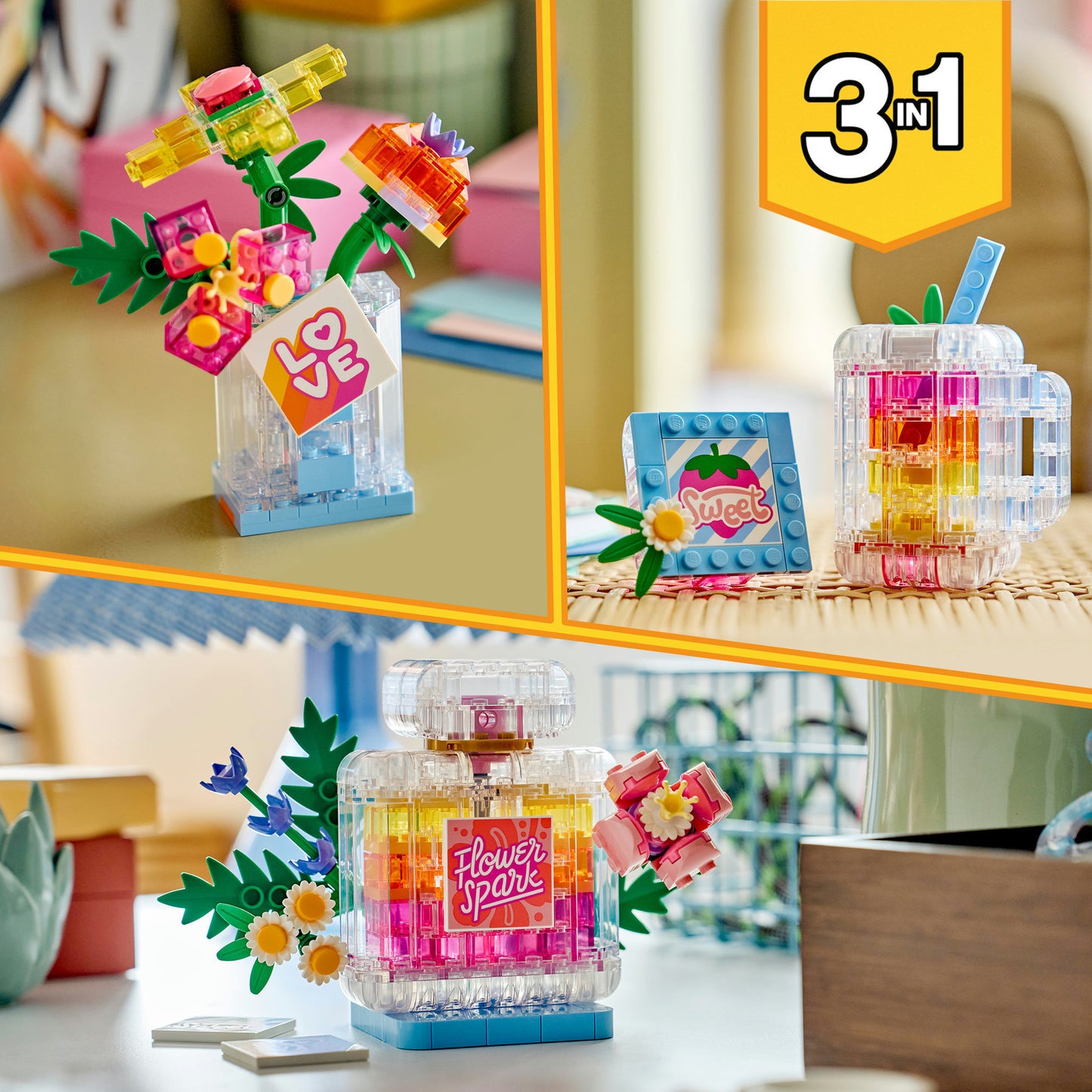 31383 Creator 3-in-1 Parfümflasche mit Blumendeko, Konstruktionsspielzeug