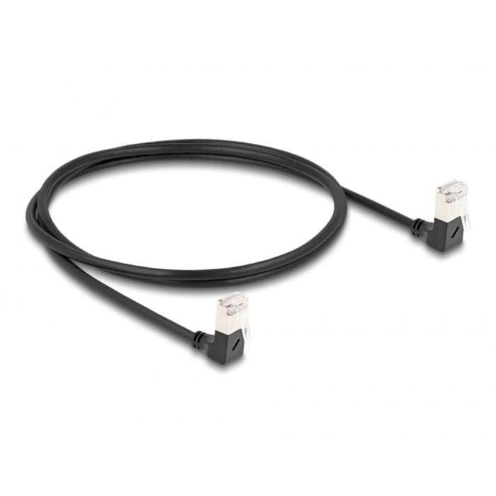 DeLOCK Patchkabel RJ-45 Cat.6a S/FTP, Slim 90° gewinkelt (schwarz, 1 Meter, nach oben abgewinkelte Stecker)