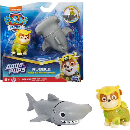 Spinmaster Paw Patrol Aqua Pups - Hero Pups-Set mit Rubble-Welpenfigur und Hammerhai-Figur