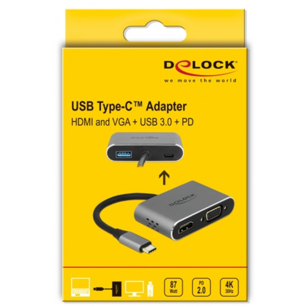 DeLOCK USB 3.2 Gen 1 Adapter, USB-C Stecker > USB-A + USB-C + HDMI + VGA Buchse (grau, 12cm, PD, Laden mit bis zu 87 Watt)