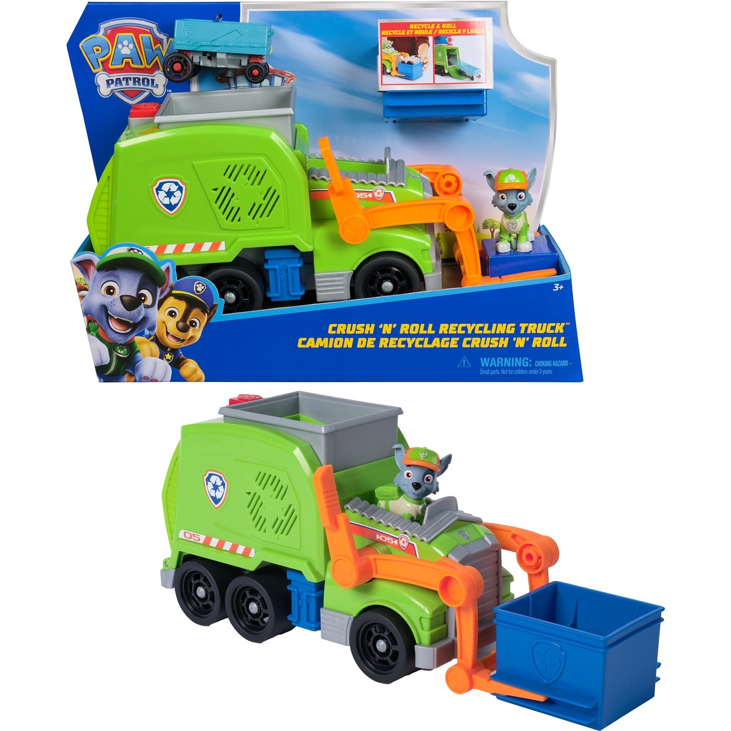 Paw Patrol - Extragrosser Recycling-Truck mit Rocky Spielfigur und Verwandlungsfunktion, Spielfahrzeug