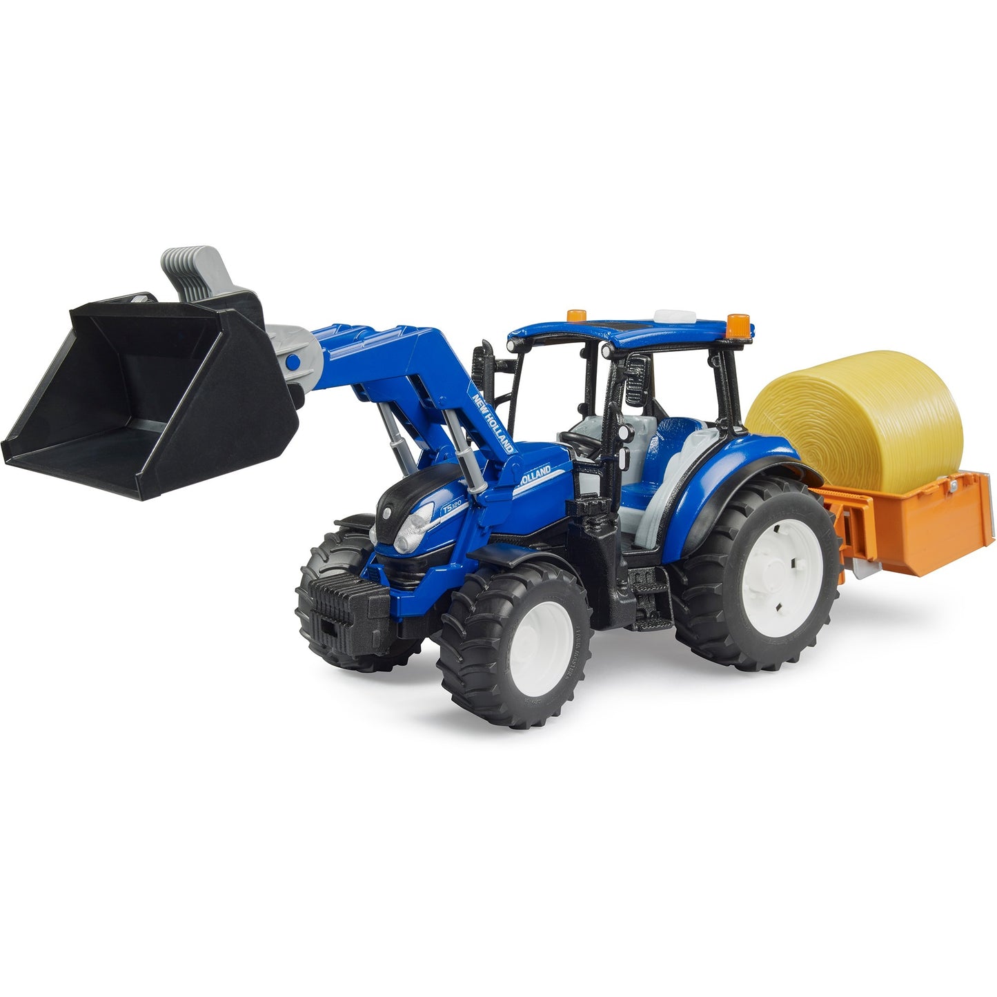 BRUDER New Holland T5.120 mit Frontlader, Ladekasten, Gabeln und Rundballen, Modellfahrzeug