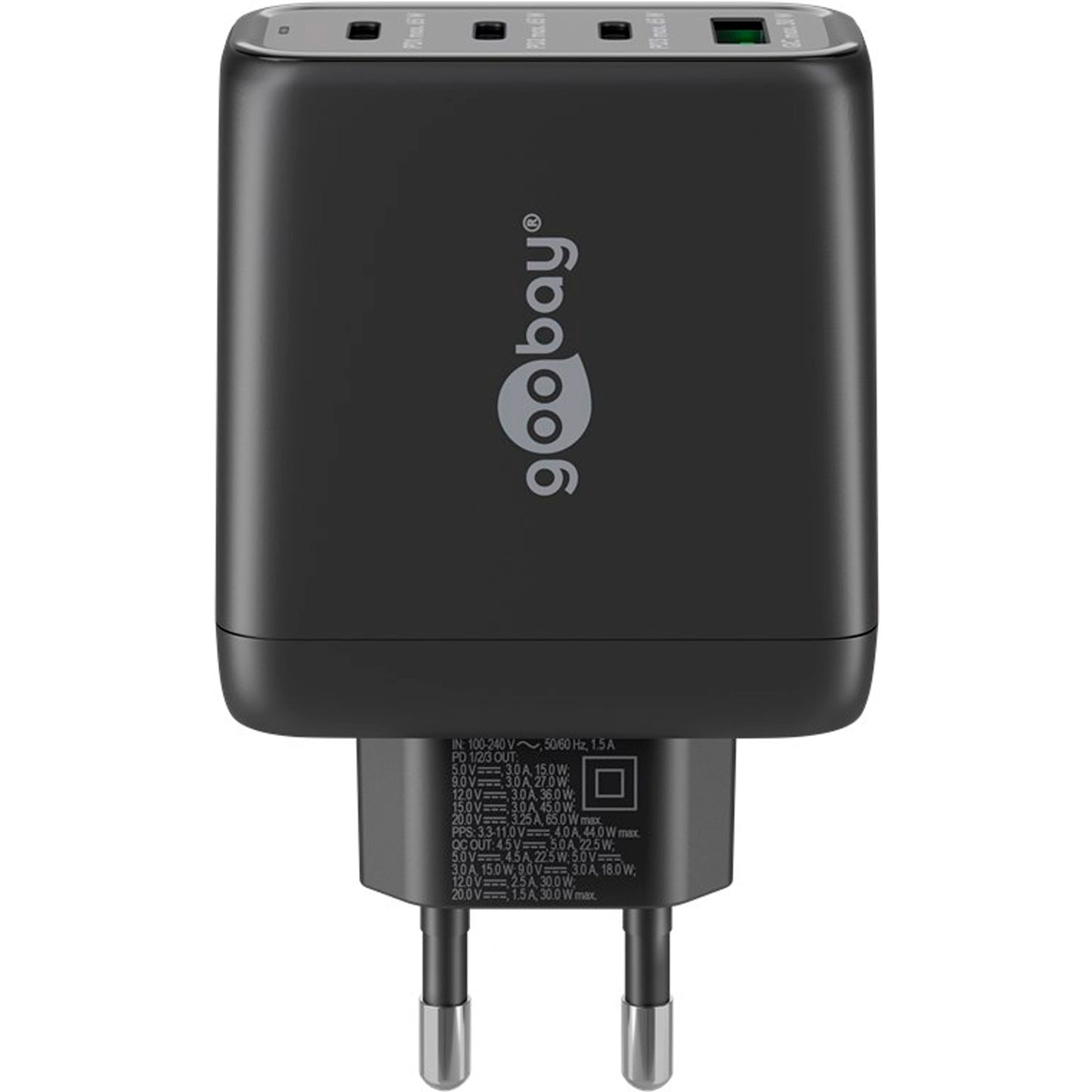 Goobay USB-C Multiport-Schnellladegerät, PD, GaN, 68 Watt (schwarz, 3x USB-C, 1x USB-A, Power Delivery, QuickCharge)