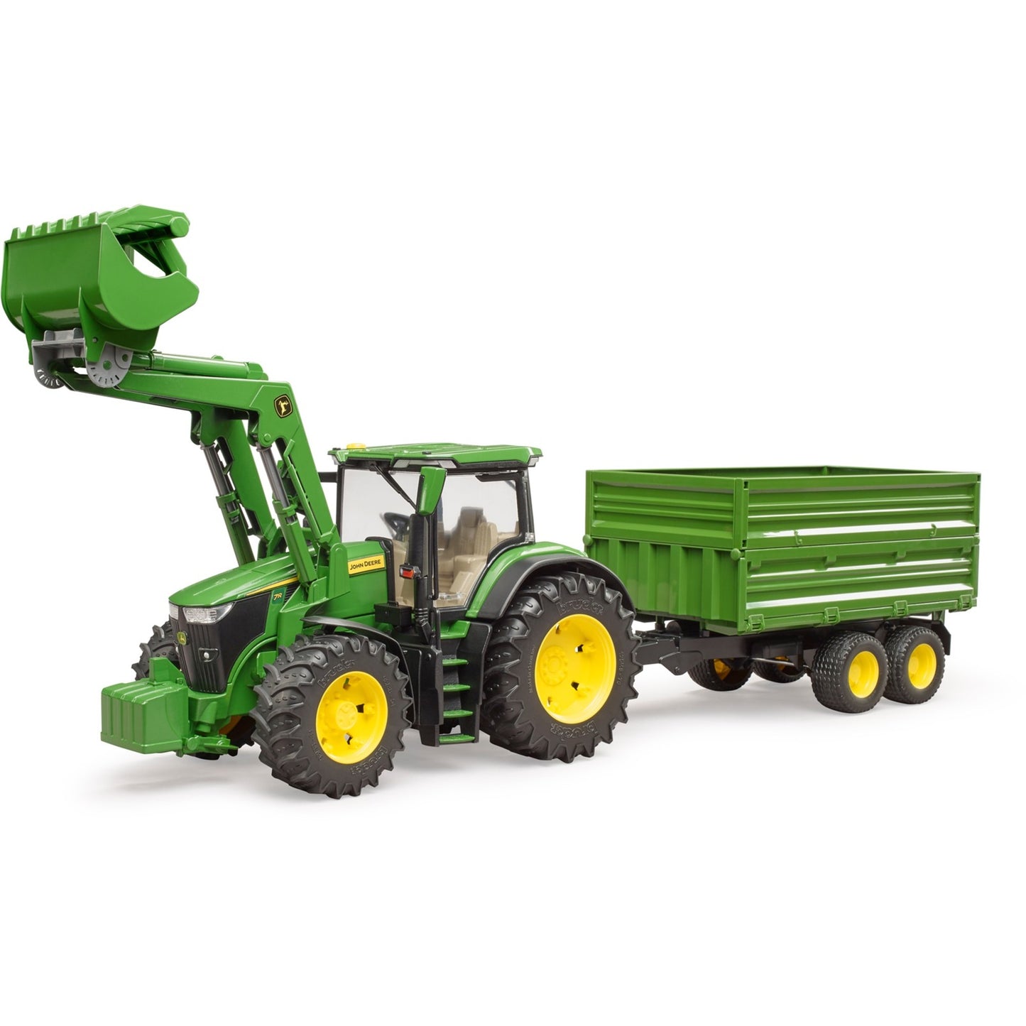 BRUDER John Deere 7R 350 mit Frontlader und Tandemachstransportanhänger (grün)