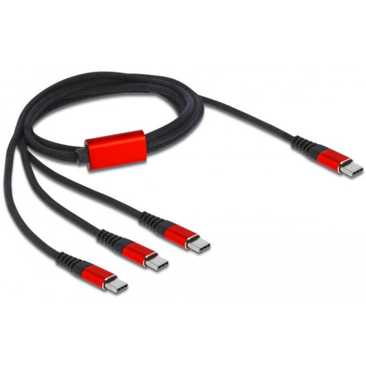DeLOCK USB Ladekabel, USB-C Stecker > 3x USB-C Stecker (schwarz/rot, 1 Meter, gesleevt, nur Ladefunktion)