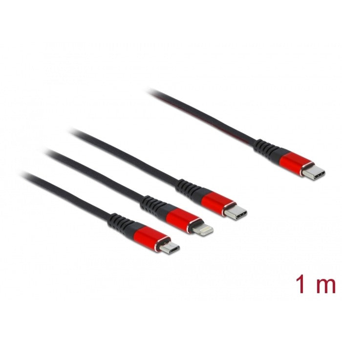 DeLOCK USB Ladekabel, USB-C Stecker > Micro-USB + USB-C + Lightning Stecker (schwarz/rot, 1 Meter, gesleevt, nur Ladefunktion)