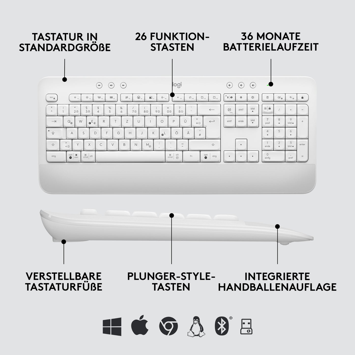 Logitech Signature K650 Combo for Business (weiss, DE-Layout, Plunger, Logi Bolt, Bluetooth, für Windows/macOS/Chrome OS/Linux/iPadOS/Android)