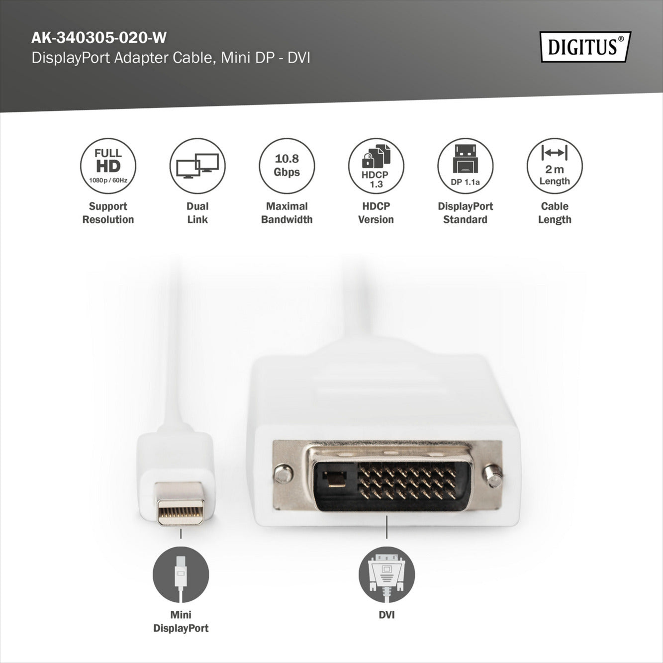 Adapterkabel mini-DisplayPort > DVI-D