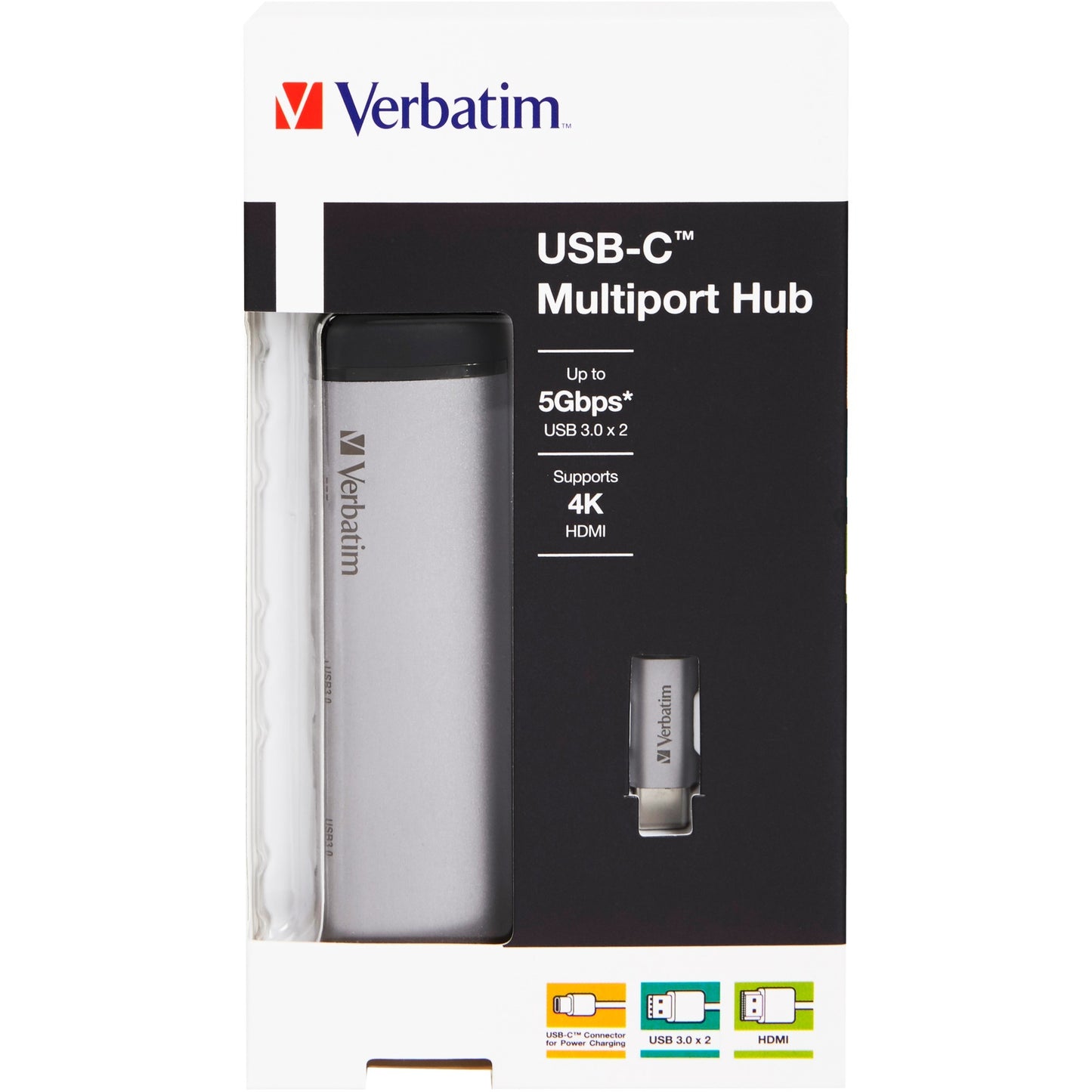 Verbatim USB 3.2 Gen 1 Multiport-Hub, USB-C Stecker > 2x USB-A + USB-C Buchse + HDMI-Buchse (silber/schwarz, PD, Laden mit bis zu 100 Watt)