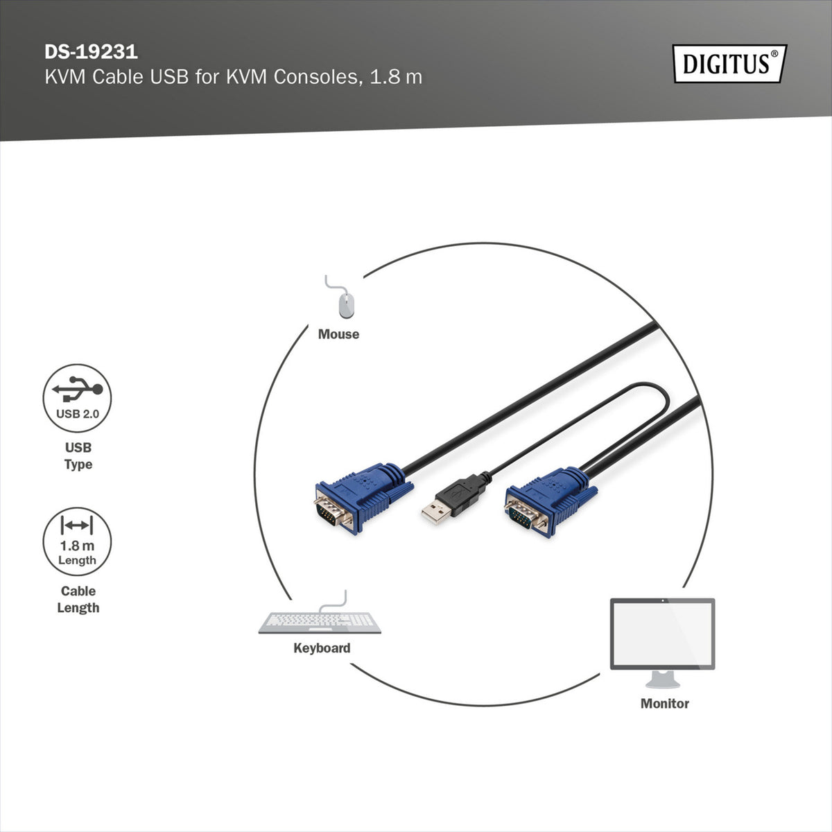 KVM-Kabelsatz USB DS-19231, für KVM-Konsolen, Y-Kabel