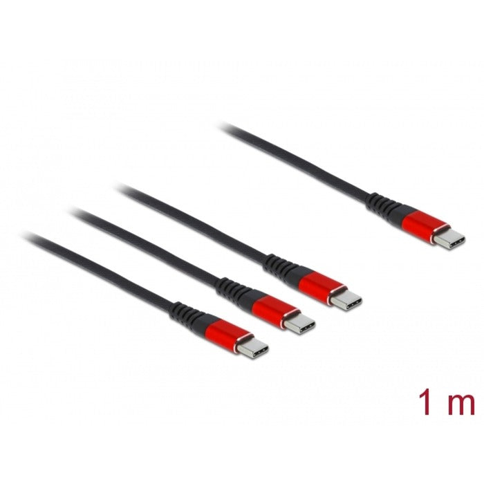 DeLOCK USB Ladekabel, USB-C Stecker > 3x USB-C Stecker (schwarz/rot, 1 Meter, gesleevt, nur Ladefunktion)