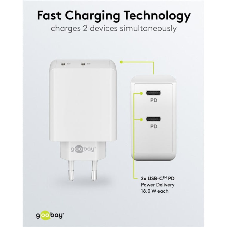 Goobay USB-C Dual-Schnellladegerät 36 Watt (weiss, 2x USB-C, Power Delivery)