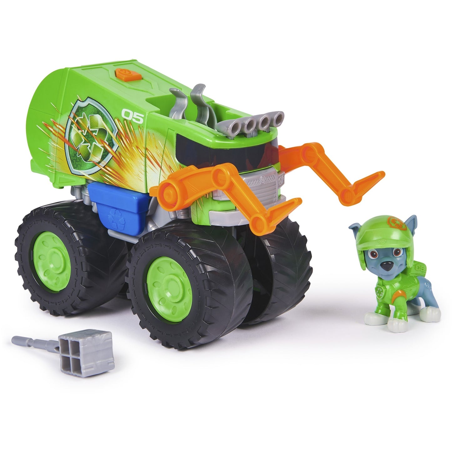 Paw Patrol Rescue Wheels -  Rockys Recycling Monstertruck mit Geschoss-Abwurf und Rocky Hundefigur, Spielfahrzeug
