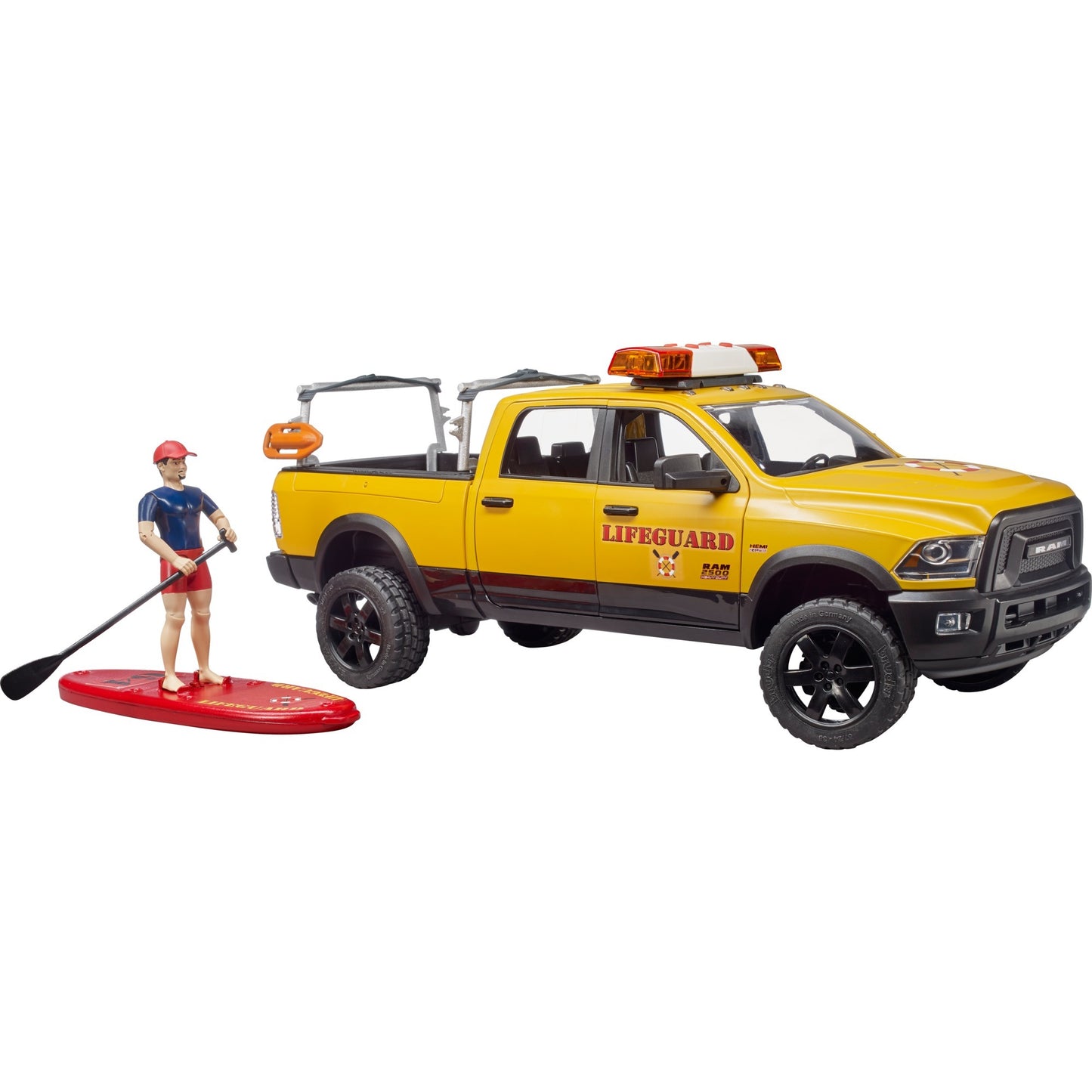 BRUDER RAM 2500 Power Wagon Life Guard (gelb/schwarz, Inkl. Figur, Stand Up Paddle und Light & Sound Modul)