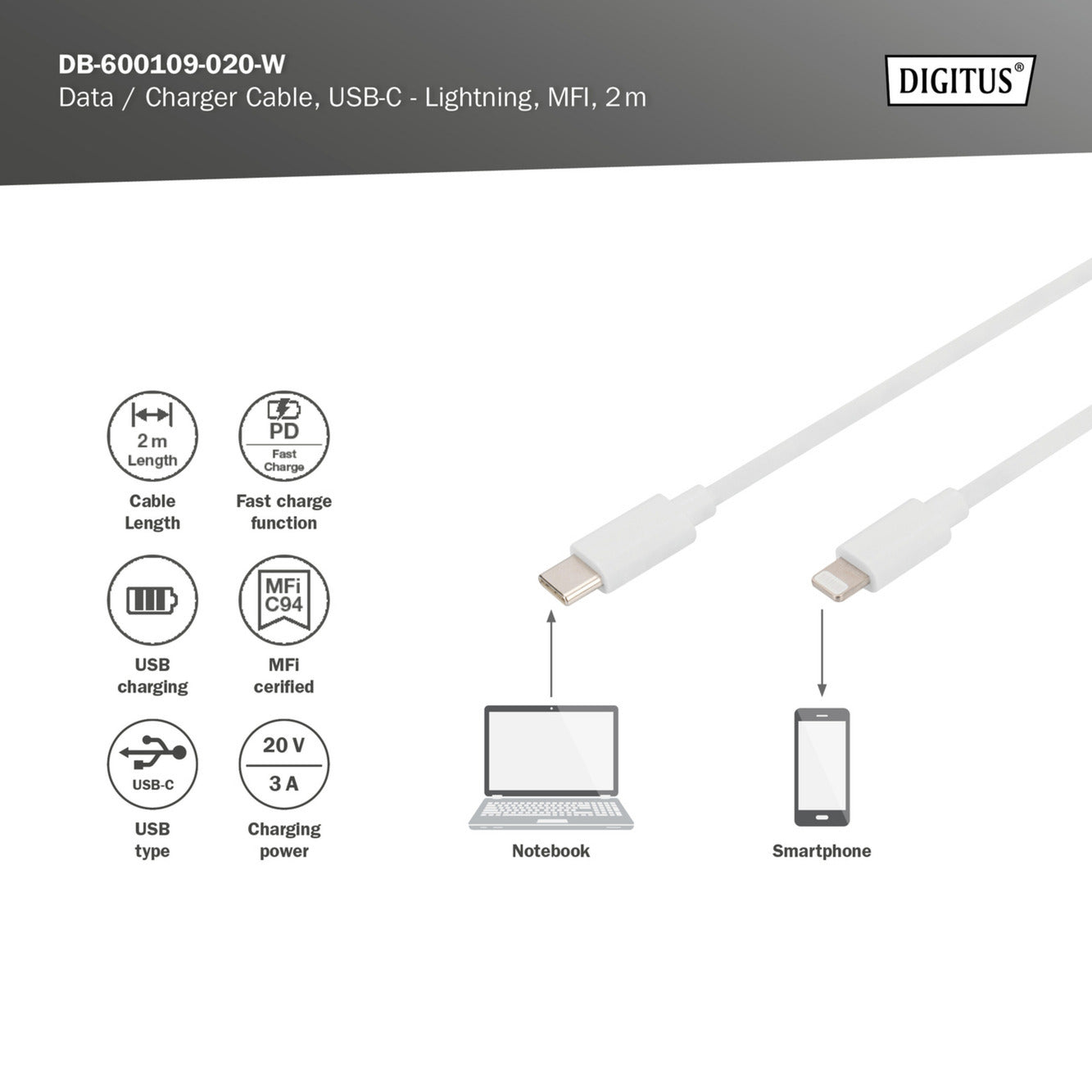 USB 2.0 Daten-/Ladekabel USB-C > Lightning, MFI zertifiziert