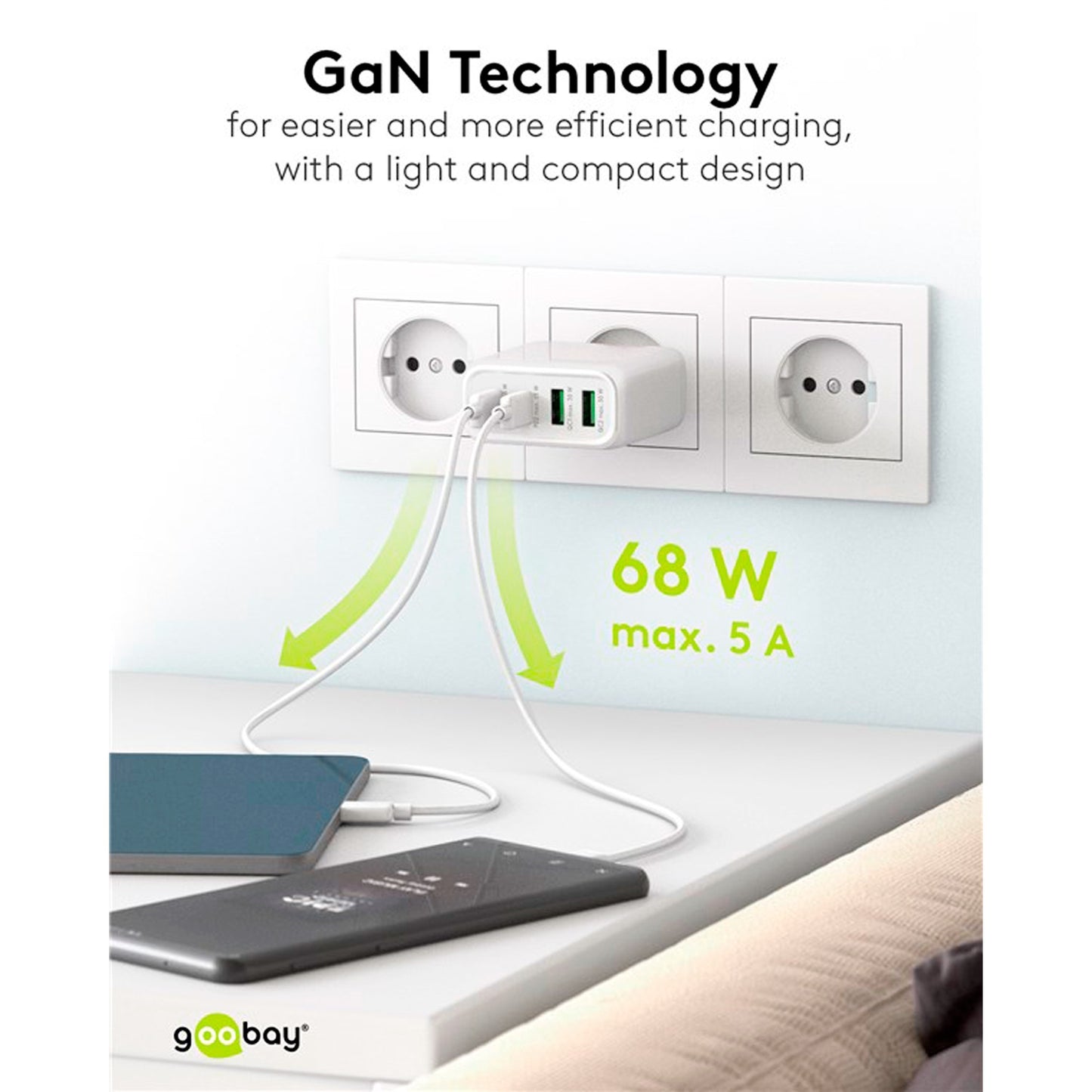 Goobay USB-C Multiport-Schnellladegerät, PD, GaN, 68 Watt (weiss, 2x USB-C, 2x USB-A, Power Delivery, QuickCharge)