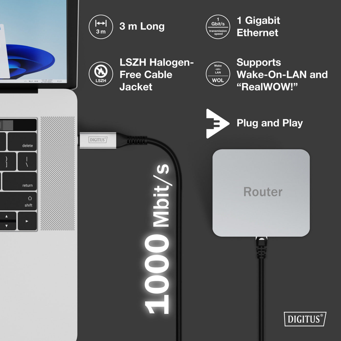 USB-C 3.2 Gen1 > RJ-45 Ethernet Kabel, 1Gbit/s, Adapter