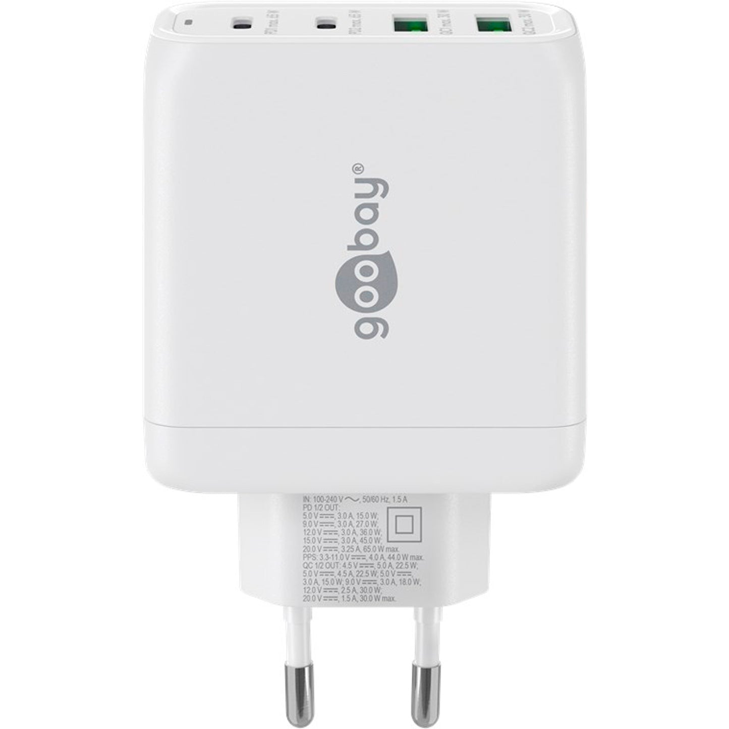 Goobay USB-C Multiport-Schnellladegerät, PD, GaN, 68 Watt (weiss, 2x USB-C, 2x USB-A, Power Delivery, QuickCharge)