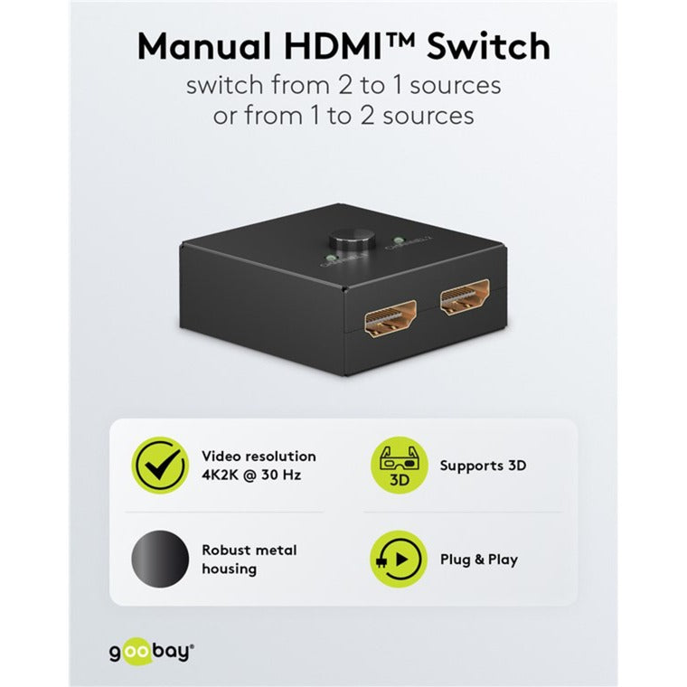 Goobay Manuelle HDMI-Umschaltbox 2 auf 1 (4K @ 30Hz), HDMI Switch (schwarz)