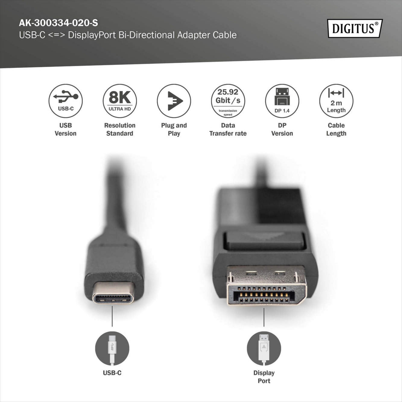 Adapterkabel USB-C <> DisplayPort, bidirektional