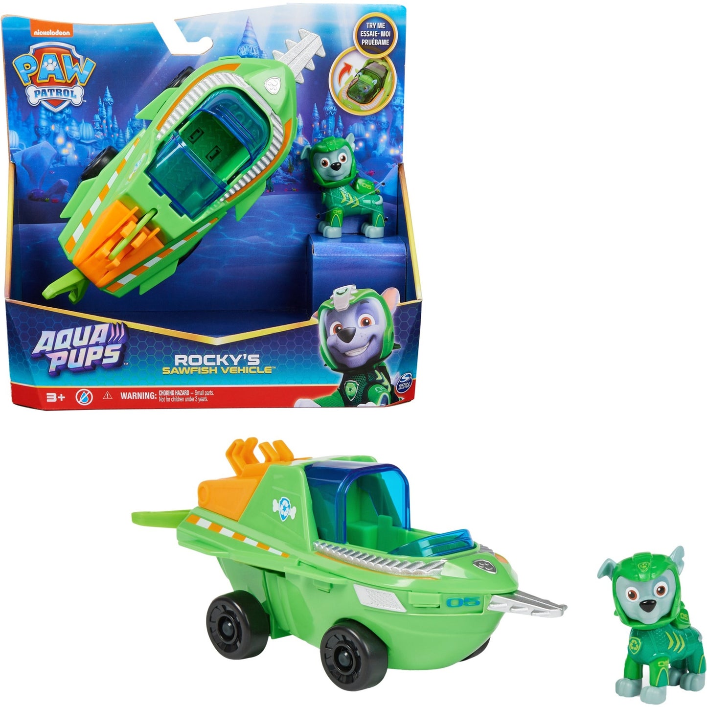 Spin Master PAW Patrol Aqua Pups - Basis Fahrzeug im Sägefisch-Design mit Rocky-Welpenfigur, Spielfahrzeug