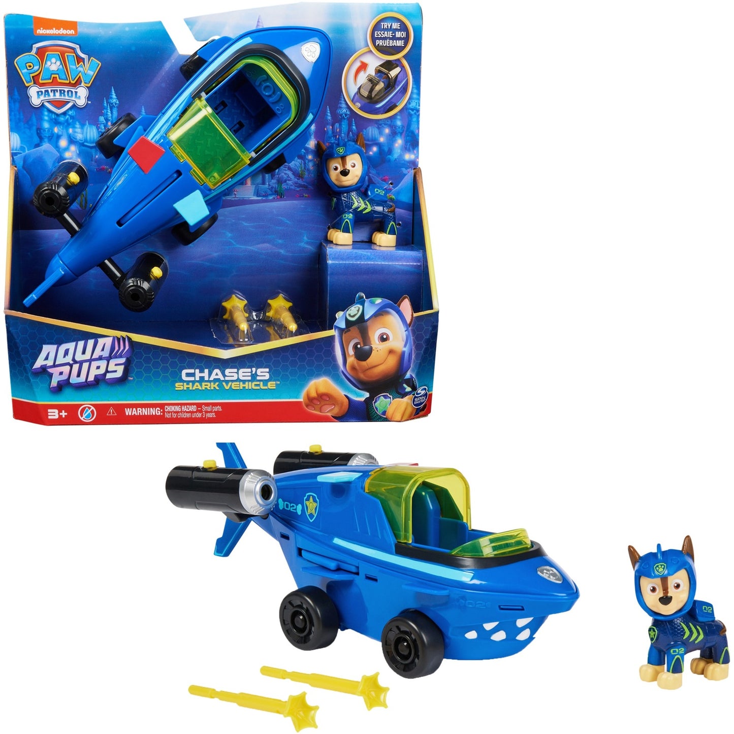 Spin Master Paw Patrol Aqua Pups - Basis Fahrzeug im Hai-Design mit Chase-Welpenfigur, Spielfahrzeug