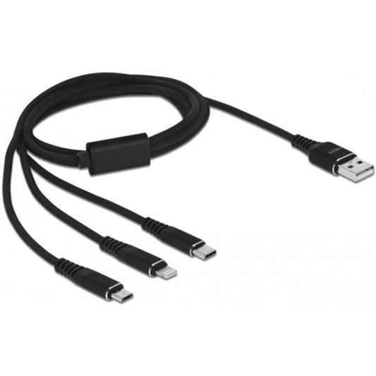 DeLOCK USB Ladekabel, USB-A Stecker > USB-C + Micro USB + Lightning Stecker (schwarz, 1 Meter, gesleevt, nur Ladefunktion)