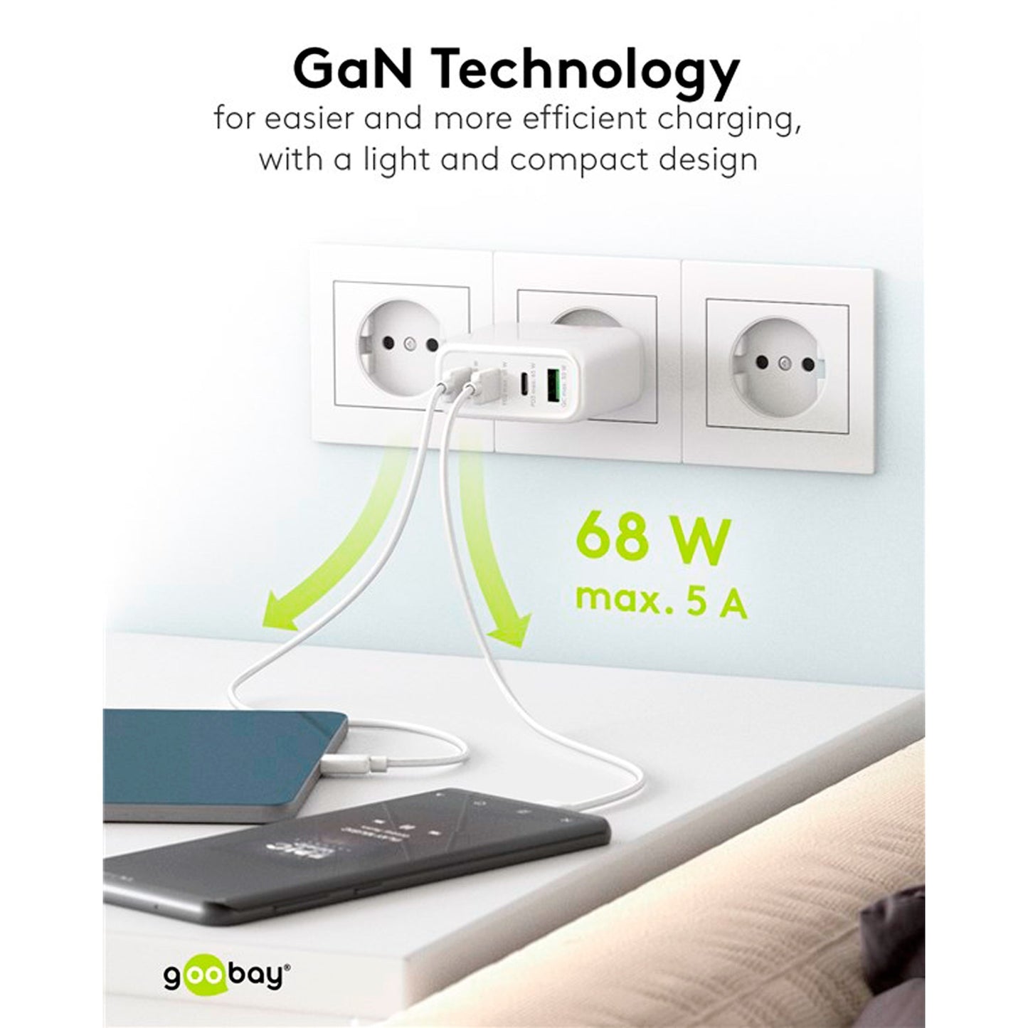 Goobay USB-C Multiport-Schnellladegerät, PD, GaN, 68 Watt (schwarz, 3x USB-C, 1x USB-A, Power Delivery, QuickCharge)