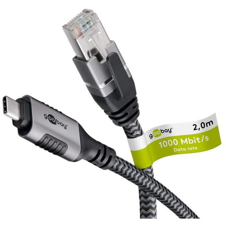 Goobay Ethernet-Kabel USB-C 3.2 Gen1 Stecker > RJ-45 Stecker (schwarz/silber, 2 Meter)